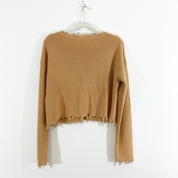 Lovers + Friends Revolve Camel Brown‎ Ribbed V Neck Sweater Distressed - Picture 7 of 9